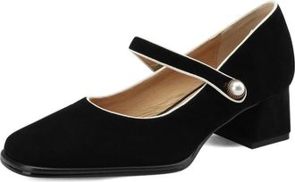 TinaCus Womens Suede Leather Handmade Square Toe Decorated Pearls Low Chunky Heel Buckles Mary Jane Pumps Shoes, Black, 2.5 UK