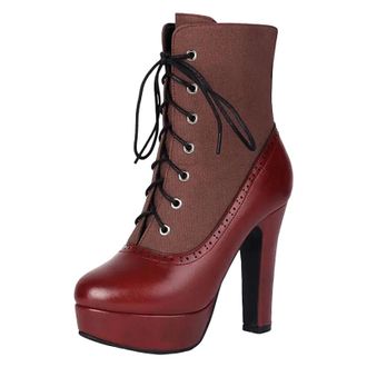 Generic Womens Fashion Party Boots Mid Calf Height Round Toe Super High Block Heel Platform With Lace Up And Mixed Color Design