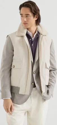 Brunello Cucinelli Waxed techno cotton down vest with detachable shearling collar in Stone Grey at Nordstrom, Size 6X-Large
