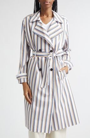 Leset Yoshi Stripe Cotton Blend Trench Coat in Parch/choco/blue Stripe at Nordstrom, Size X-Small