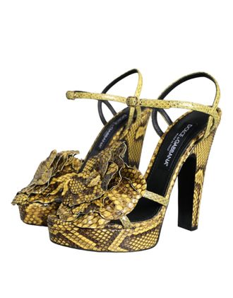 Dolce & Gabbana Womens Yellow Exotic Leather Ankle Strap Heels Sandals Shoes Python