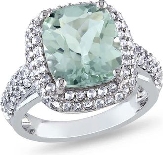 Amour 6CT TGW Cushion Cut Green Quartz and Created White Sapphire Double Halo Ring In Sterling Silver