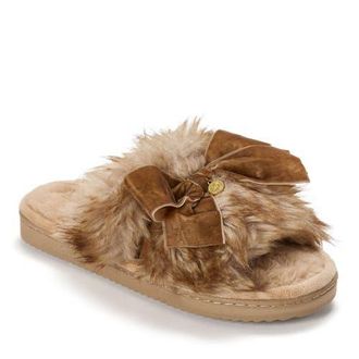 Dearfoams Bianca Pile Slide Slipper with Bow in Natural at Nordstrom, Size X-Large