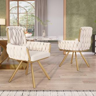 Merax Set of 2 Velvet Swivel Dining Chair with Arms & Backrest in Beige