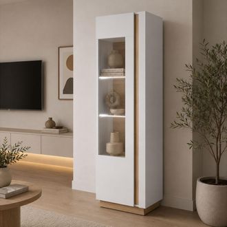 Dmora Vitrina Katito, Mueble Expositor 3 Estantes, Una Puerta, Con Led, 60x40x194h Cm Blanco Brillante