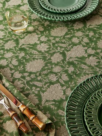 Chamois Indian Rose Block-Printed Linen Round Tablecloth (86.5in/2.2m)