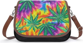 Generic Tie-dye Weed Leather Crossbody Bags for Women Messenger Handbag Purse Shoulder Bag