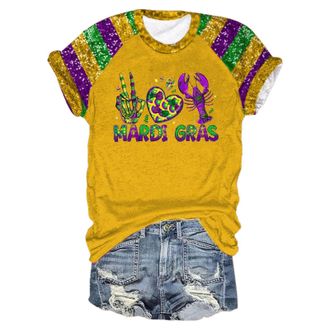 Generic Womens Mardi Gras Sequin Shirt Mardi Gras Shirts for Women Shorts Sleeve Crew Neck Sequin Tops Novelty Carnival Costumes Funny Mask Print Festival Par