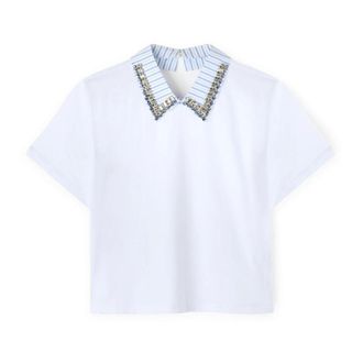 Motivi Tops, Dames, Wit, S, Katoen, T-shirt met kraag met stenen