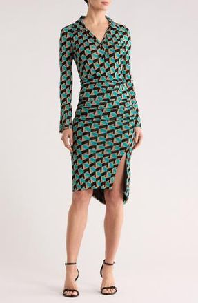 Diane Von F&uuml;rstenberg Lilly Johnny Collar Long Sleeve Dress in Intermission Geo Turquoise at Nordstrom Rack, Size Small