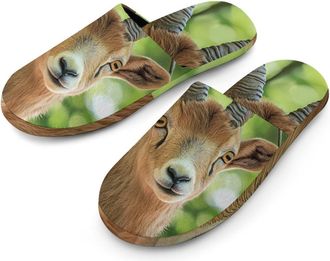 Generic Goat with Curved Horns Mens Slippers Flannel Warm House Shoes with Rubber Anti-Slip Sole Slip On for Home Outdoor