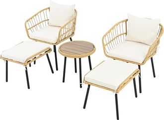STILVORA Conjunto De Jard&iacute;n Con 2 Sillones, 2 Taburetes Y 1 Mesa, Dise&ntilde;o Moderno, Para 2 A 4 Personas, Rat&aacute;n Y Tela, Blanco Y Natural