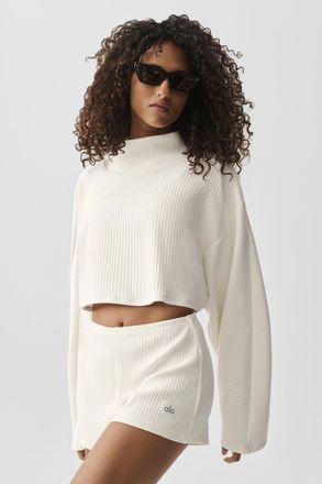 Alo | Ribbed Cropped Reset Long Sleeve Top in Ivory, Size: Medium