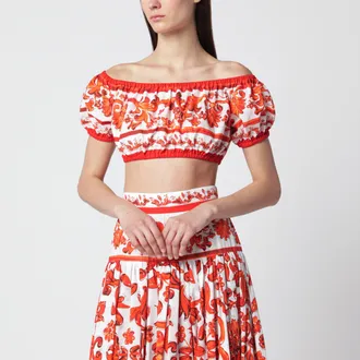 Dolce & Gabbana Top in popeline di cotone con stampa Maiolica arancione