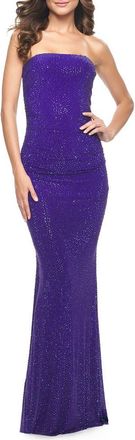 La Femme Rhinestone Embellished Strapless Ruched Prom Dress in Indigo at Nordstrom, Size 14