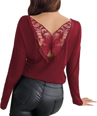 Generic Sexy Tops for Women Backless Butterfly Lace Patchwork Long Sleeve Fitted Elegant T Shirts Casual Going Out Party Clubwear(Red, L) Camiseta Mujer Depor