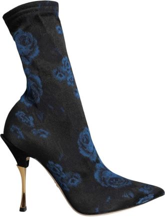 Dolce & Gabbana Bloemenprint Stiletto Mid Calf Laarzen - Dames - Laarzen met Hak - Blauw - 41 EU - Leer - Schoenen