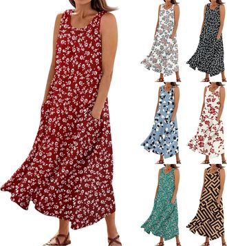 Generic UK Wedding Outfits Casual Flowy Loose Floral Print Crew Neck Sleeveless Dresses Maxi Tank Dress with Pockets Size Maxi Dress (Wine, XXL)