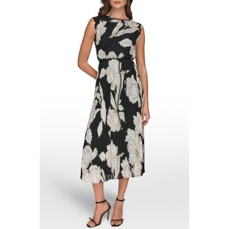 DKNY Belted Pleated Midi Dress in Black/Fawn/Cream at Nordstrom, Size 16