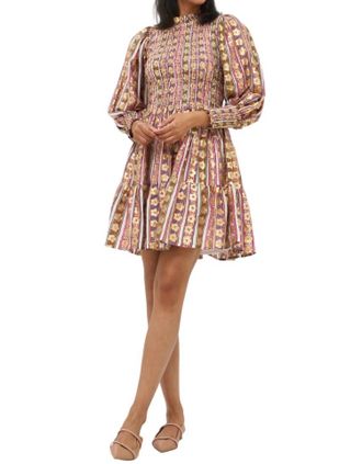 Oliphant Smocked Flirty 3/4 Sleeve Mini Dress In Petal Olive