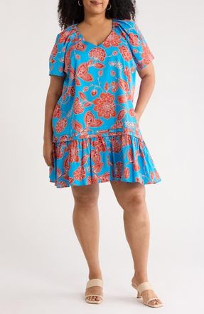 Sugarlips Ripon Floral Seruma Drop Waist Shift Dress in Blue-Red-Multi at Nordstrom, Size 3 X