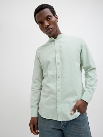 Jack & Jones Langarmhemd JACK & JONES JJESUMMER BAND SHIRT LS SN, Herren, Gr. M, N-Gr, gr&uuml;n (iceberg gr&uuml;n), Web, Obermaterial: 83% Baumwolle, 17% Leinen, unifarben
