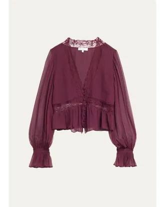 LoveShackFancy Thessira Lace-Trim Chiffon Blouse