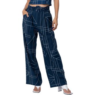 Ciebon Sydney Belted Print Wide Leg Pants in Navy/White at Nordstrom, Size X-Small