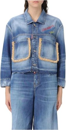 Dsquared2 Jassen, Dames, Blauw, S, Denim, Cropped Denim Jacket Frayed Trim