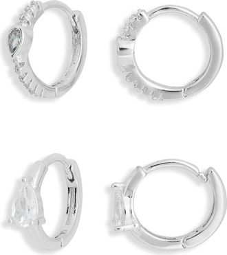 Nordstrom Rack Set of 2 Assorted Huggie Hoop Earrings in Clear- Silver at Nordstrom Rack