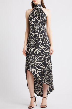 CeCe by Cynthia Steffe Floral Mock Neck Stretch Satin Dress in Rich Black at Nordstrom, Size 10