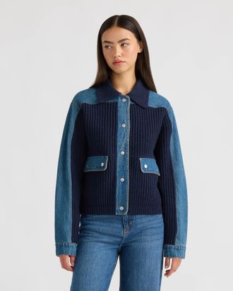 NVLT Womens Denim Trim Sweater Jacket