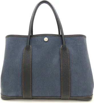 Herm&egrave;s Blue Toile H Leather Tote Bag (Pre-Owned)