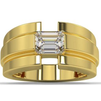 Pompeii3 2 Ct Emerald Cut Moissanite Solitaire 12mm Mens Ring White Yellow or Rose Gold