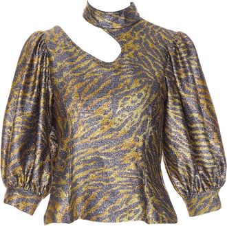 Ganni Ganni metallic tiger lurex lame puff sleeve cut out top