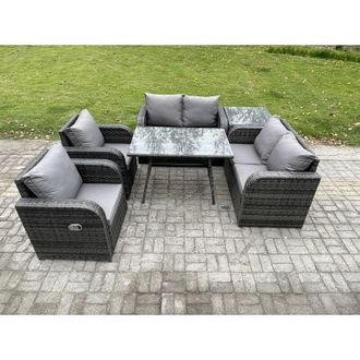Fimous Fimous Wicker PE Rattan Garden Dining Set Outdoor Furniture Sofa with Rectangular Dining Table Side Table Dark Grey Mixed