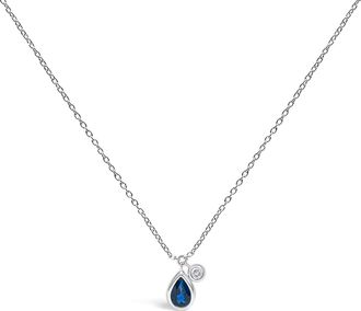 House of Brilliance 14K White Gold 6x4mm Pear Blue Sapphire and Diamond Accent Charm Pendant Necklace