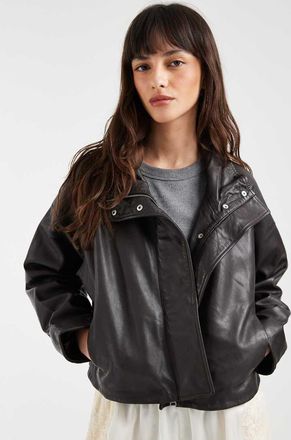 AllSaints Ryder - Giacca comoda in pelle marrone con collo a imbuto