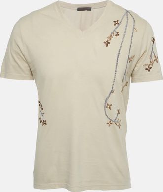 Roberto Cavalli Beige Floral Embroidered Jersey V-Neck T-Shirt