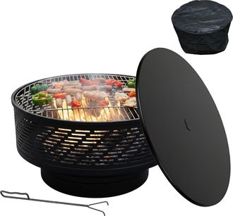Relaxdays Relaxdays Brasero, &Oslash; 66 Cm, Con Parrilla, Tapa, Atizador Y Funda Impermeable, Para Jard&iacute;n, Negro