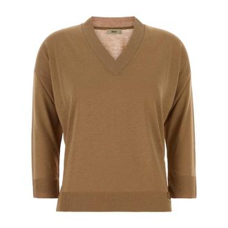 Herno V-neck Knitwear, female, Brown, Size: XS Sweater in Glam Knit Effect