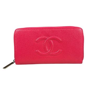 Chanel Red Color Grained Calfskin Long Wallet (Bi-Fold) (Pre-Owned)