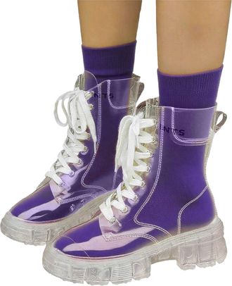 Generic Tall Women Leather Platform Sole Low Chunky Heel Chelsea Boots Winter Easy On Block Rainy Days City Walking Waterproof Non Slip (63) Purple