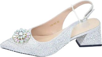 Generic Womens Italian Pointed Toe Wedding Block Heels Shoes With Rhinestoness Decoration And Metal Closure Bag Set