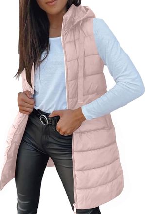 Generic Quilted Gilet for Women UK Ladies Longline Hooded Puffer Jackets Padded Sleeveless Warm Bodywarmers Vest Lightweight Cozy Waistcoat Zipper Transitiona