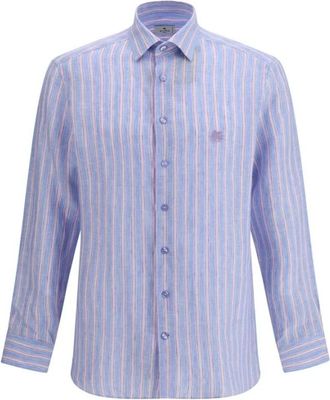 Etro Gestreept linnen overhemd met Pegaso-borduursel - Heren - Casual Overhemden - Blauw - M - Linnen - Overhemden