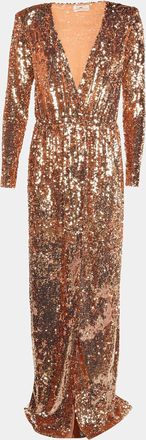 Elisabetta Franchi Rose Gold Sequin Embellished Wrap Maxi Dress