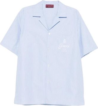 Gucci Dun gestreept katoen poplin bowling overhemd - Heren - Korte mouwen Overhemden - Blauw - L - Katoen - Overhemden