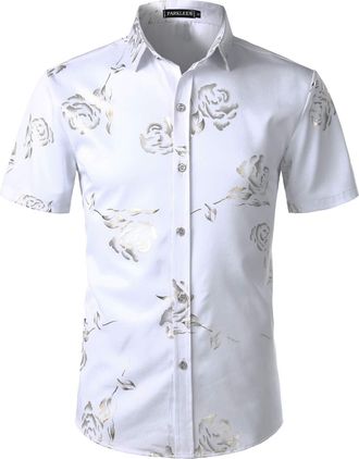 PARKLEES Mens Hipster Gold Rose Printed Slim Fit Short Sleeve Button Down Dress Shirts White Gold XXL
