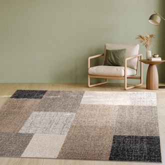 Paco Home Paco Home Alfombra Dise&ntilde;o Moderna A Cuadros De Pelo Corto Mezcla En Marr&oacute;n Crema 230x320 Cm